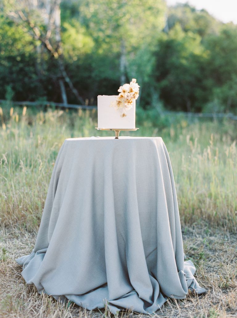 wedding cake table with white wedding cake