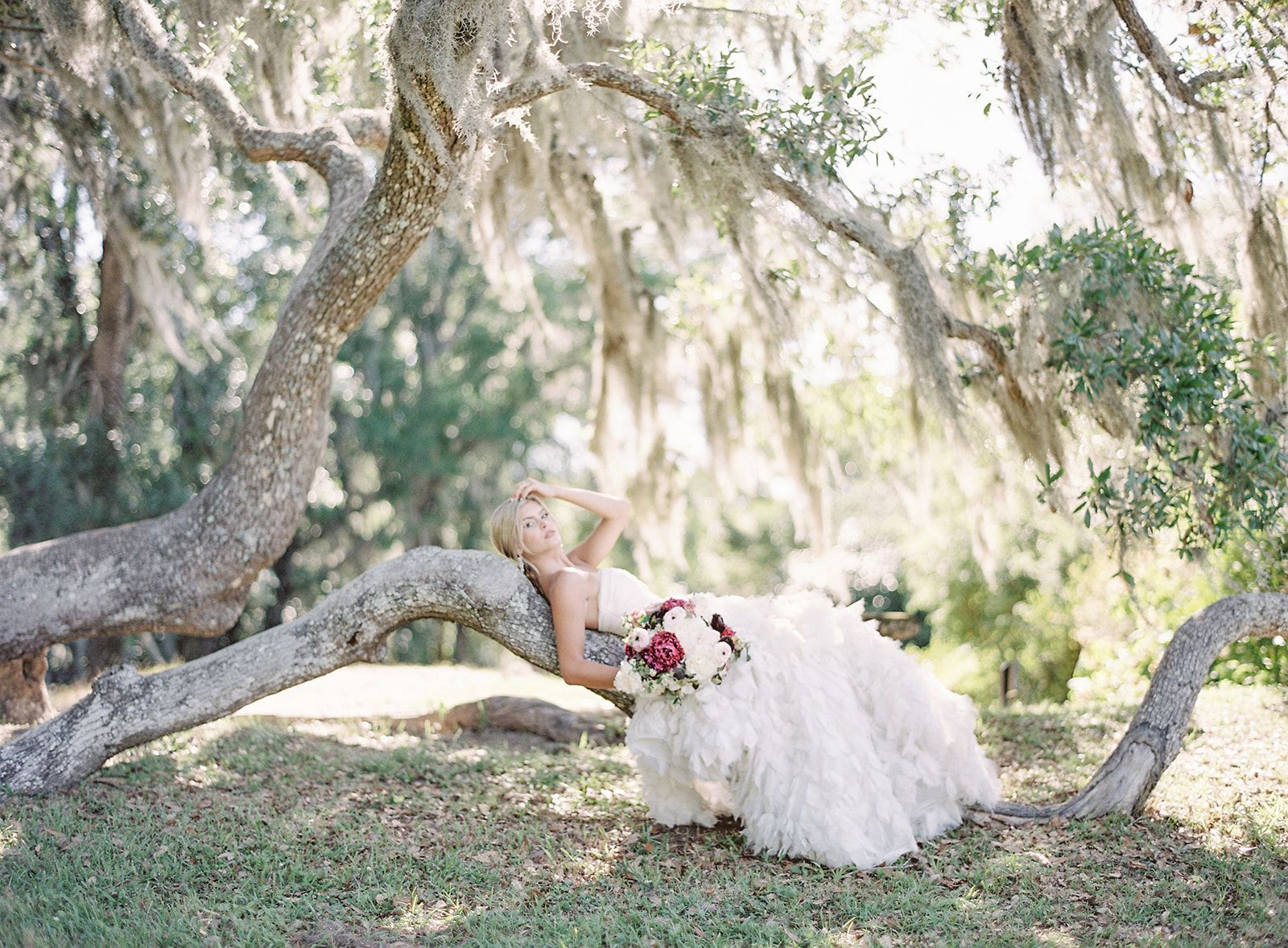 Bride with blonde hair and white dress laying across the limb of a tree